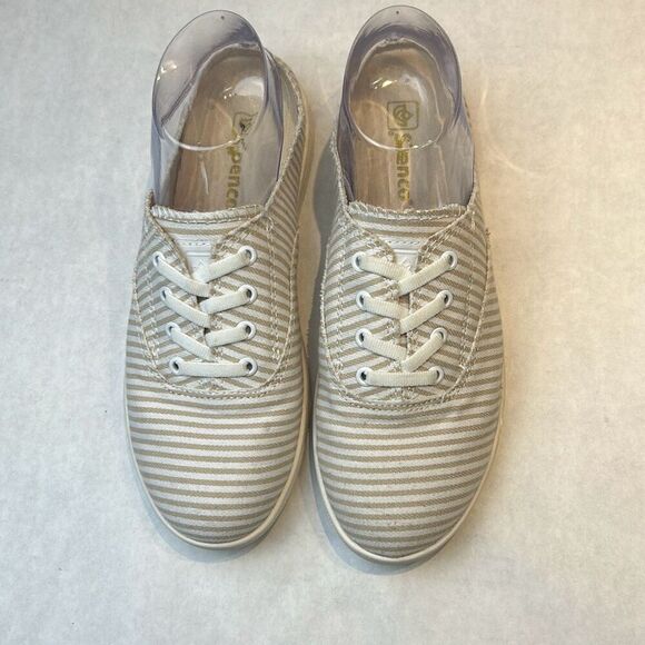 NEW Spenco White Tan Stripe Canvas Slip On Tennis Shoes Womens Sz 7 Orthotic Sne - Picture 2 of 9